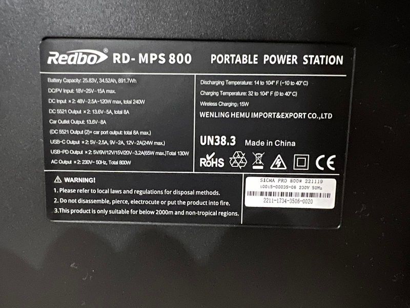 Портативна зарядна станція REDBO Portable Power Station 800W, RD-MPS800W RD-MPS800W, FGT