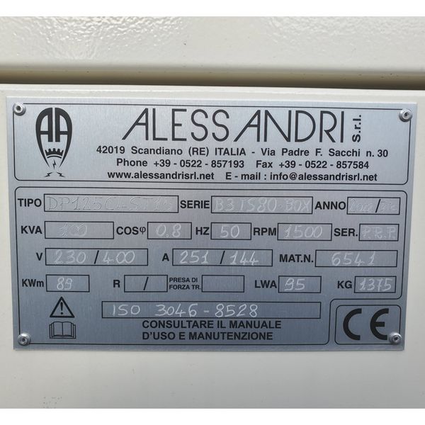 Генератор дизельний Alessandri 100 кВА 80 кВт (двигун PERKINS) DP125C4ST15, FGT
